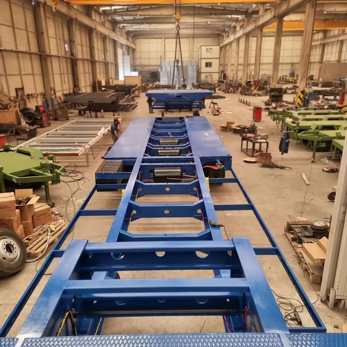 Trailer chassis on the factory floor